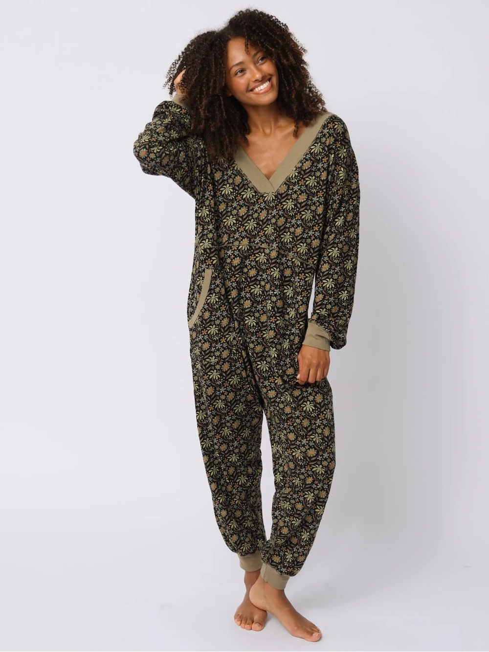 Natural Life Johnnie Cotton Jumpsuit Size XL Green Floral Loungewear Loose